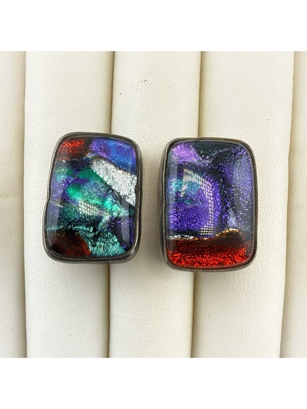 Charles Albert Earrings Dichroic Art Glass Sterling Silver Clip On 18g Colorful